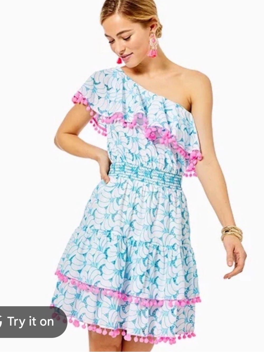 Lily Pulitzer Addilyn One
Shoulder Dress Blue Tropical Swirl